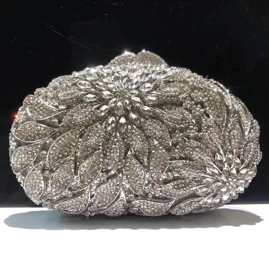 Dazzling Women Silver Stone Clutch Purse Lady Evening Bags Wedding Cocktail Crystal Purses and Handbags Bridal Minaudiere Bag