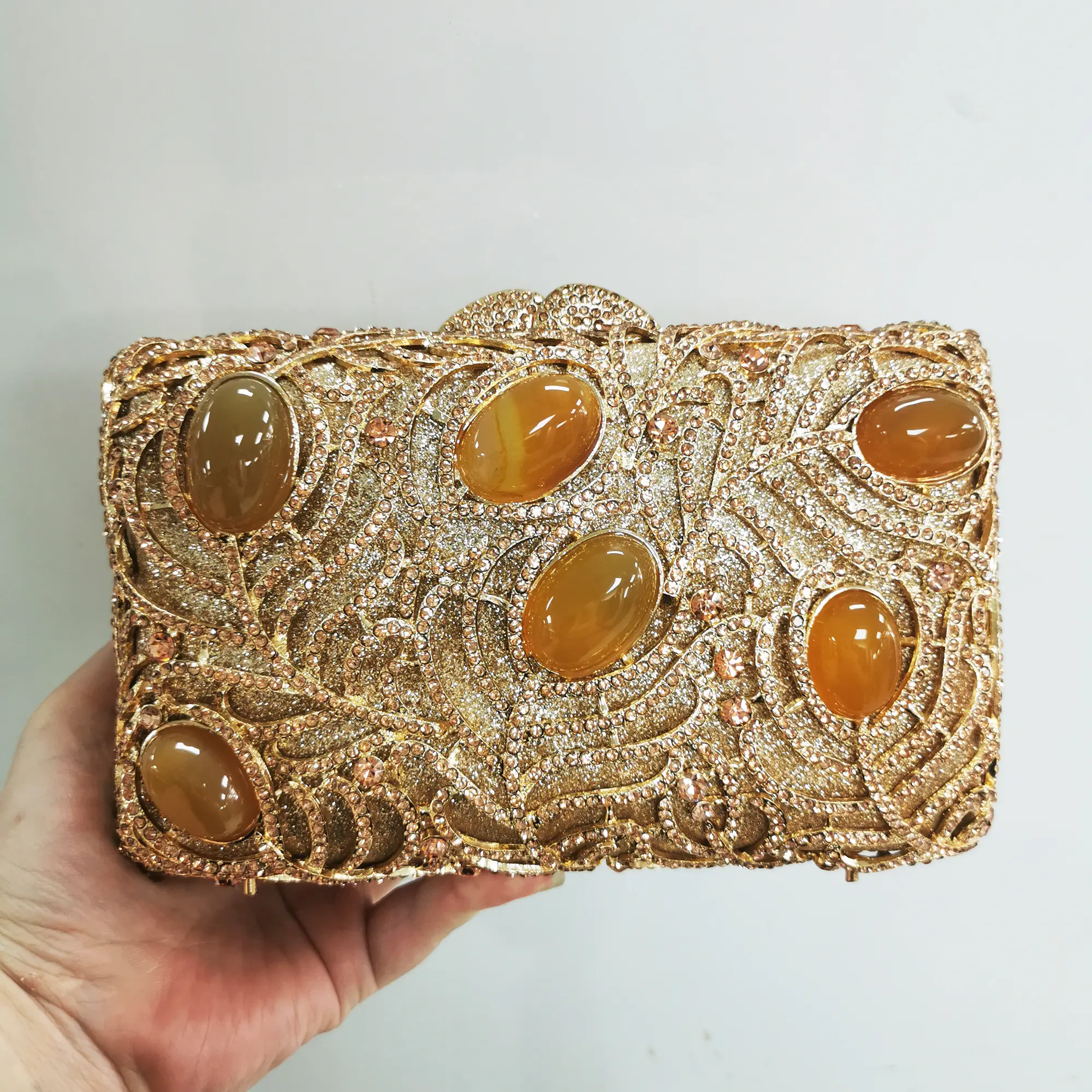 Golden Crystal Women Evening Bags Big Stones Clutch Bag Wedding Bridal Metal Minaudiere Handbags and Purses Ladies Party Clutch