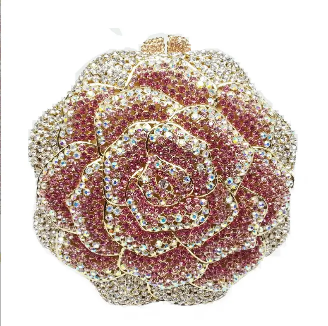 Luxury Green Rose Flower Crystals Clutch Purse Women Formal Party Evening Handbags Bridal Wedding Rhinestone Minaudiere Purses