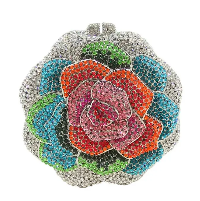 Luxury Green Rose Flower Crystals Clutch Purse Women Formal Party Evening Handbags Bridal Wedding Rhinestone Minaudiere Purses