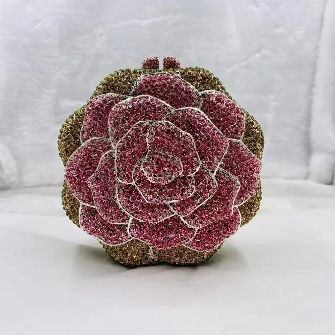Luxury Green Rose Flower Crystals Clutch Purse Women Formal Party Evening Handbags Bridal Wedding Rhinestone Minaudiere Purses