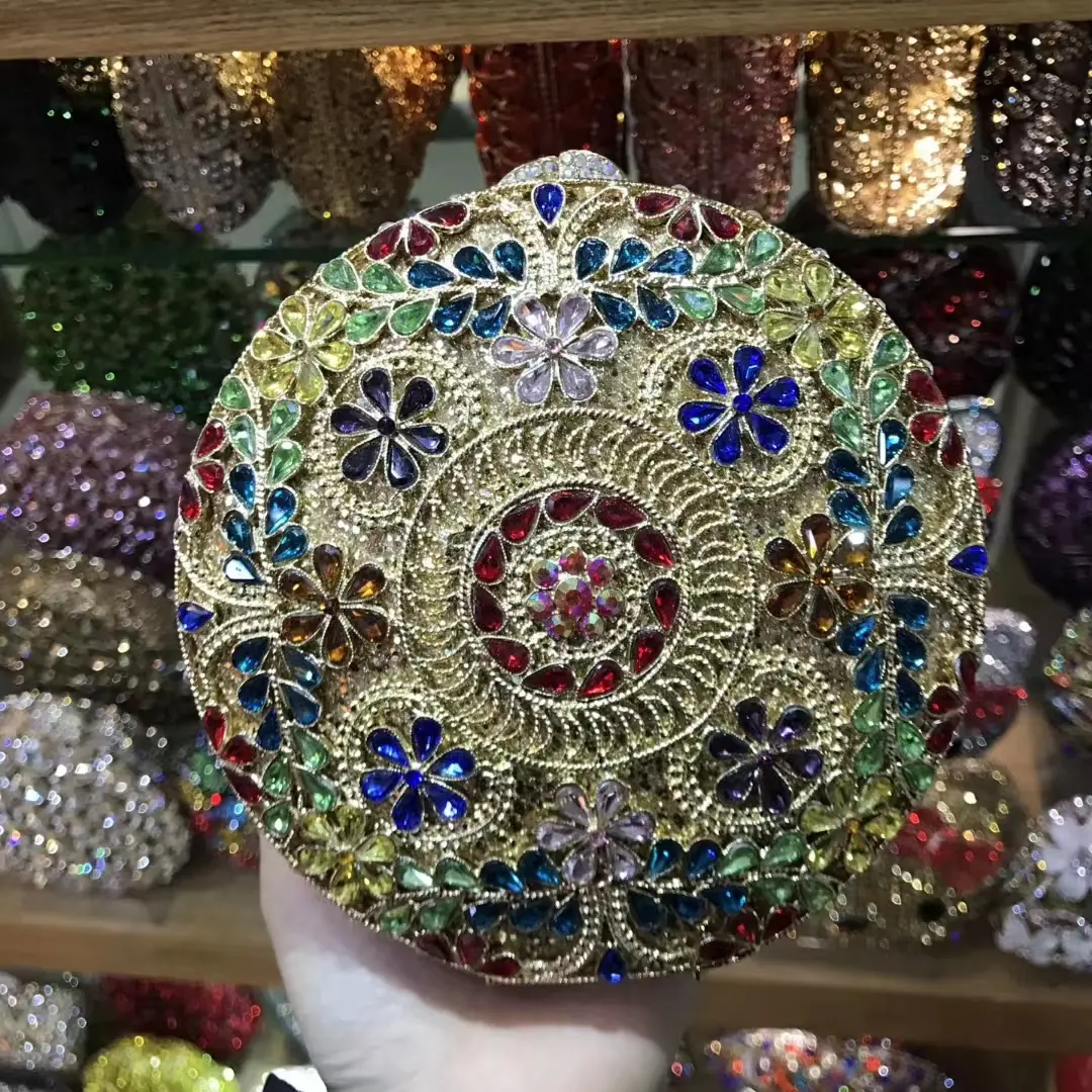 XIYUAN Stone Flower Circle Clutch Purse Lady Evening Bag Minaudiere Bags Bridal Wedding Handbags Party rhinestones Floral Purses