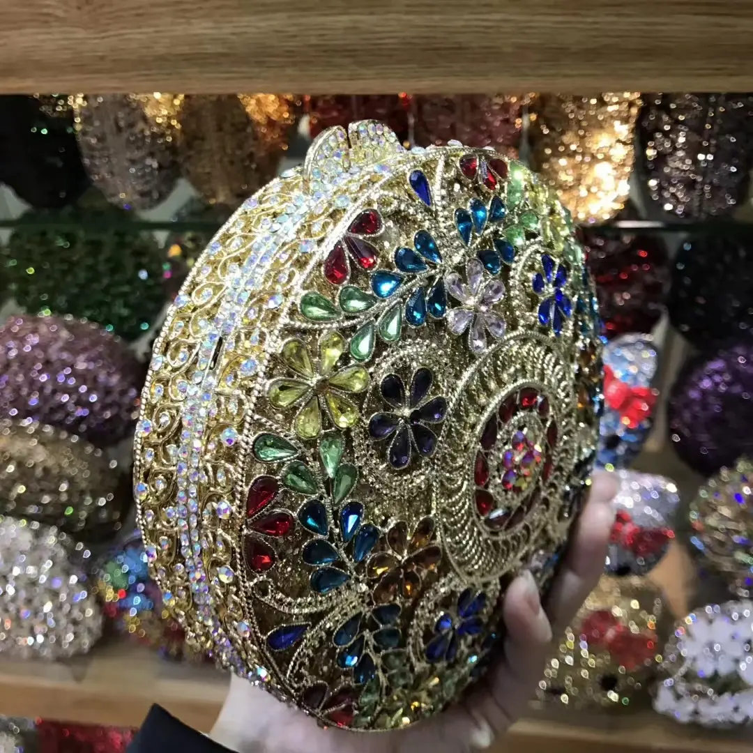 XIYUAN Stone Flower Circle Clutch Purse Lady Evening Bag Minaudiere Bags Bridal Wedding Handbags Party rhinestones Floral Purses