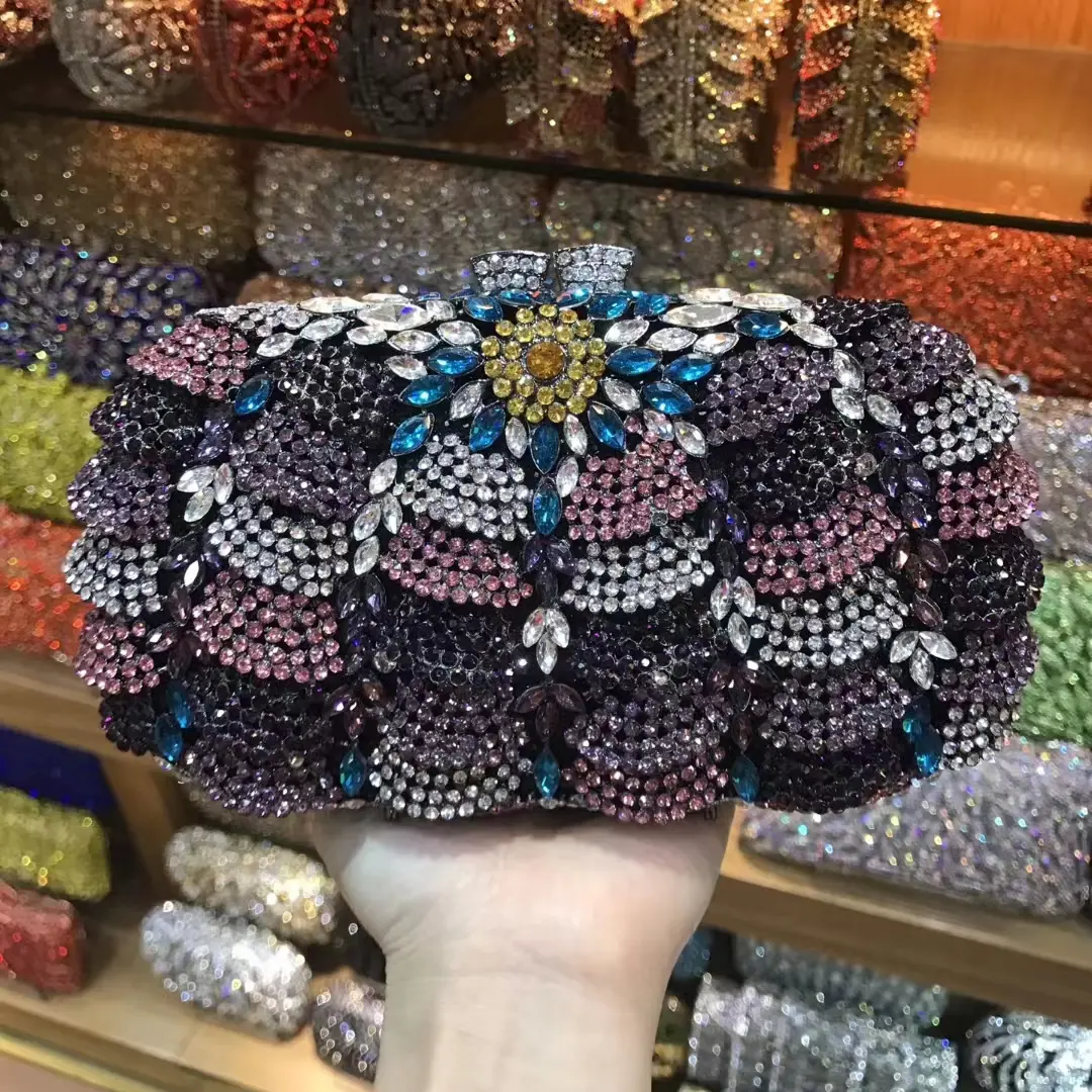 XIYUAN Black Color Crystal Evening Bag Stones Clutch Bags Party Cocktail Gold Rhinestone Clutches Handbags Bridal Wedding Purse