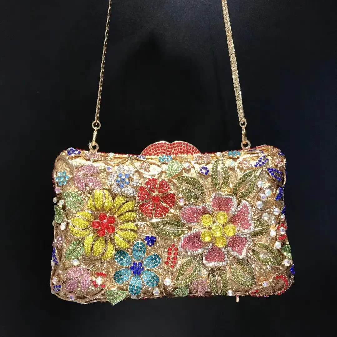 Hollow Flower Women Gold Crystal Evening Clutch Minaudiere Bag Wedding Party Cocktail Diamond Handbag and Purse Stones Clutches