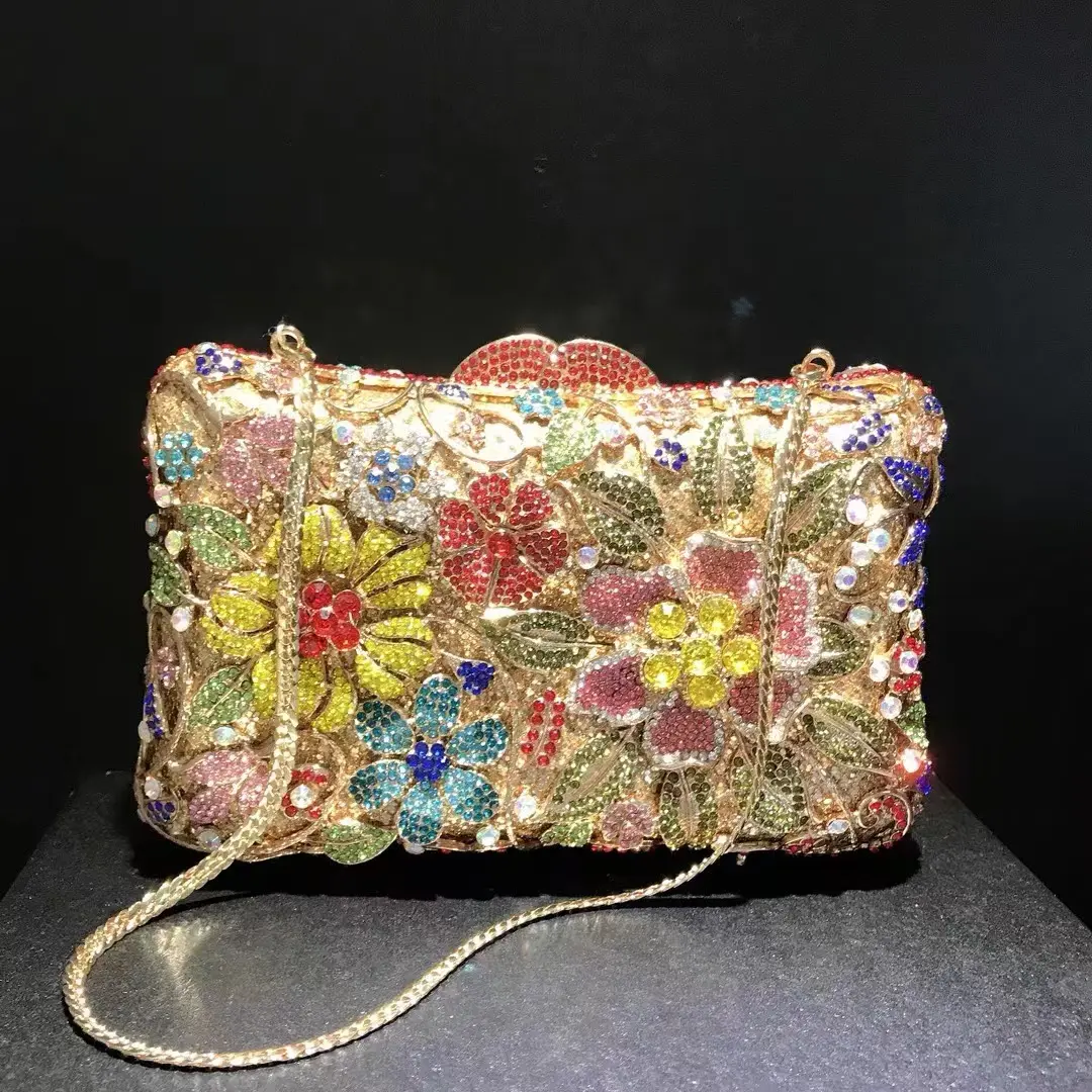 Hollow Flower Women Gold Crystal Evening Clutch Minaudiere Bag Wedding Party Cocktail Diamond Handbag and Purse Stones Clutches
