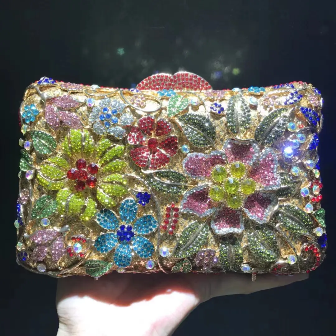 Hollow Flower Women Gold Crystal Evening Clutch Minaudiere Bag Wedding Party Cocktail Diamond Handbag and Purse Stones Clutches