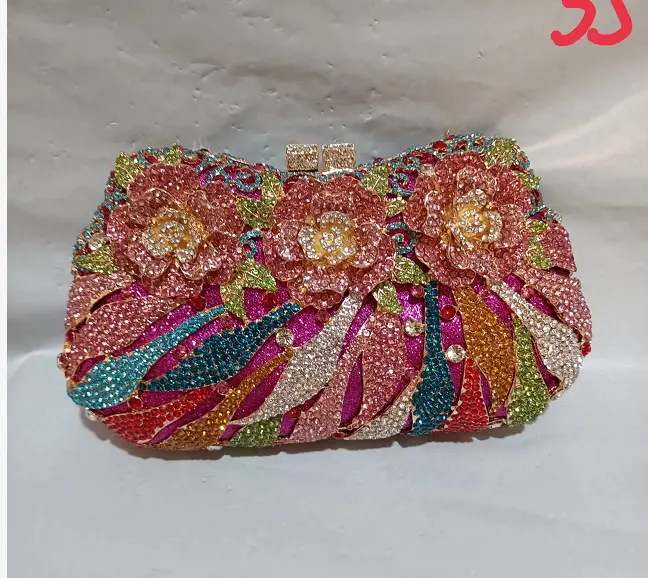Elegant Flower Stones Hot Pink Evening Purse Bags Handbags Luxury Designer Wedding Party Rhinestones Bridal Wedding Clutch Bags