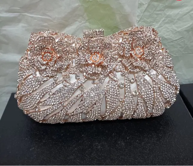 Elegant Flower Stones Hot Pink Evening Purse Bags Handbags Luxury Designer Wedding Party Rhinestones Bridal Wedding Clutch Bags