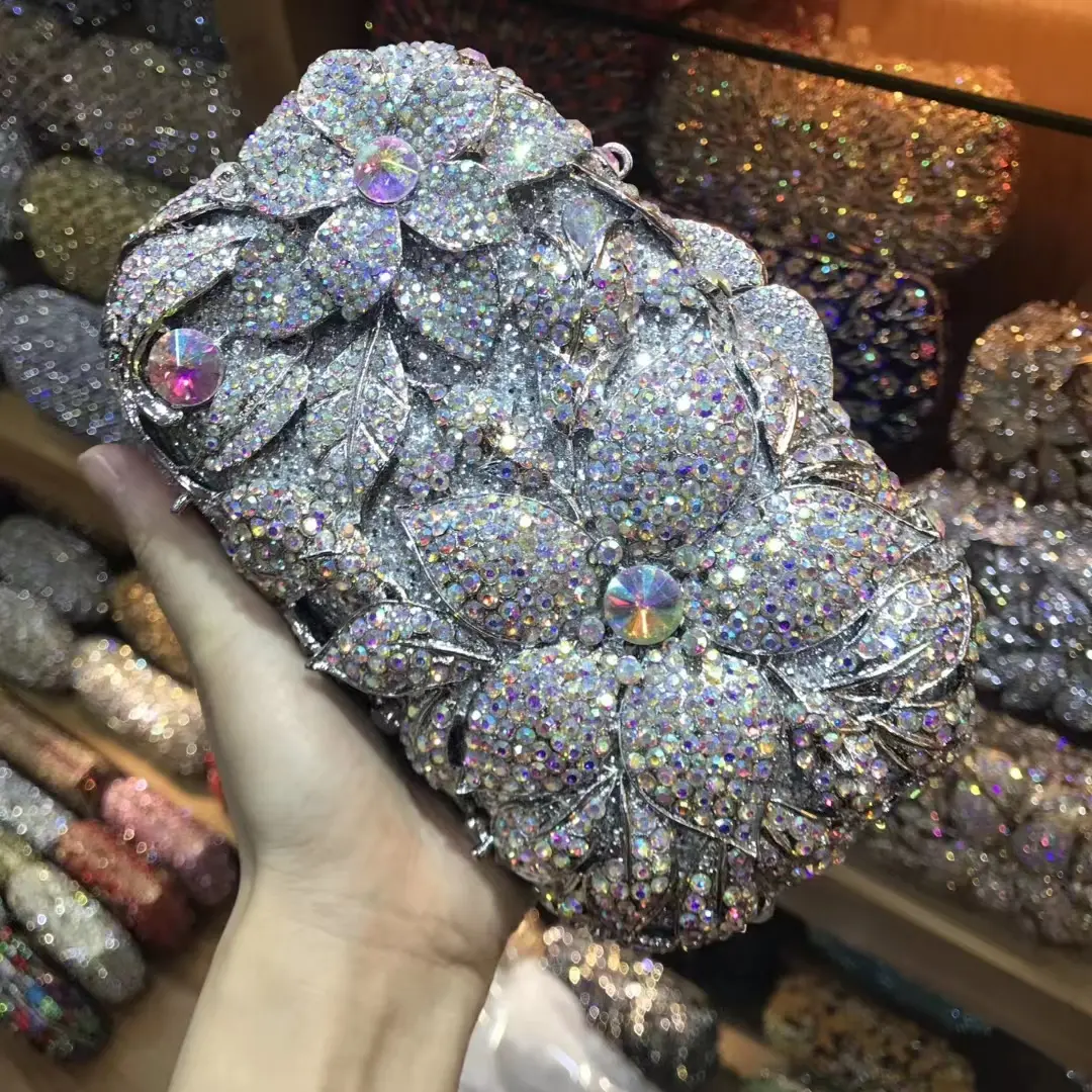 XIYUAN Gold/Silver Crystal Flower Clutch Purse Bridal Evening Bag Wedding Party Clutches Bag Diamond Floral Minaudiere Handbag