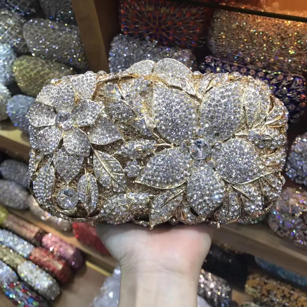 XIYUAN Gold/Silver Crystal Flower Clutch Purse Bridal Evening Bag Wedding Party Clutches Bag Diamond Floral Minaudiere Handbag