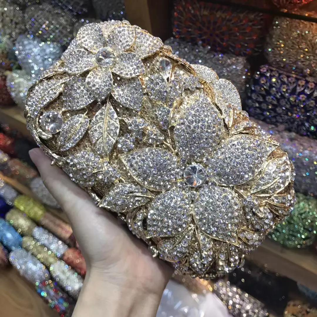 XIYUAN Gold/Silver Crystal Flower Clutch Purse Bridal Evening Bag Wedding Party Clutches Bag Diamond Floral Minaudiere Handbag