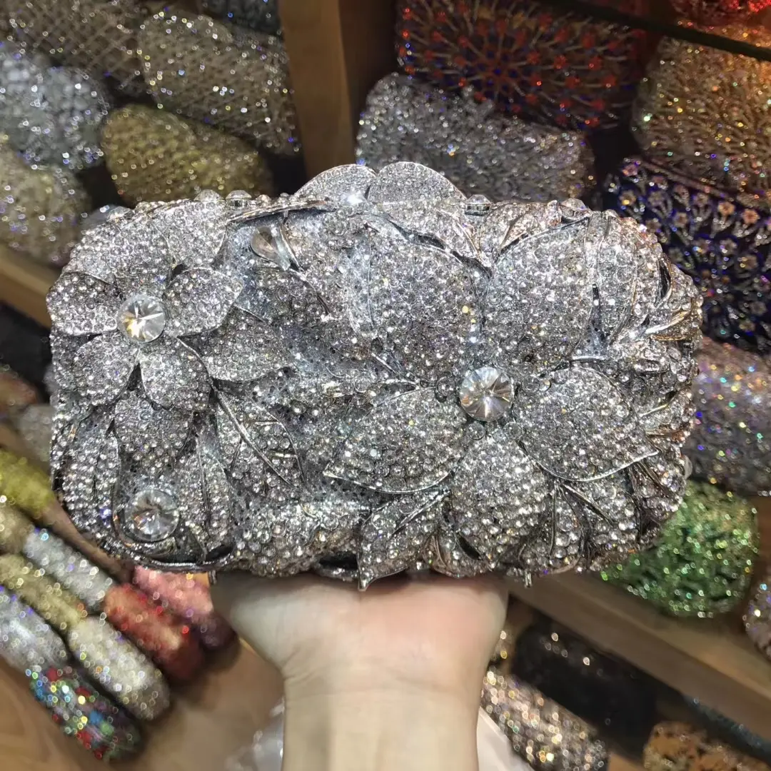 XIYUAN Gold/Silver Crystal Flower Clutch Purse Bridal Evening Bag Wedding Party Clutches Bag Diamond Floral Minaudiere Handbag