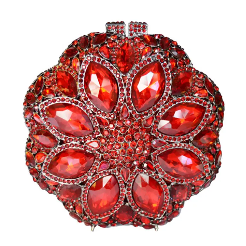 Flower Women Red/Gold Color Crystal Evening Bags Purse Rhinestone Handbag Bridal Diamond Clutch Minaudiere Wedding Party Bag