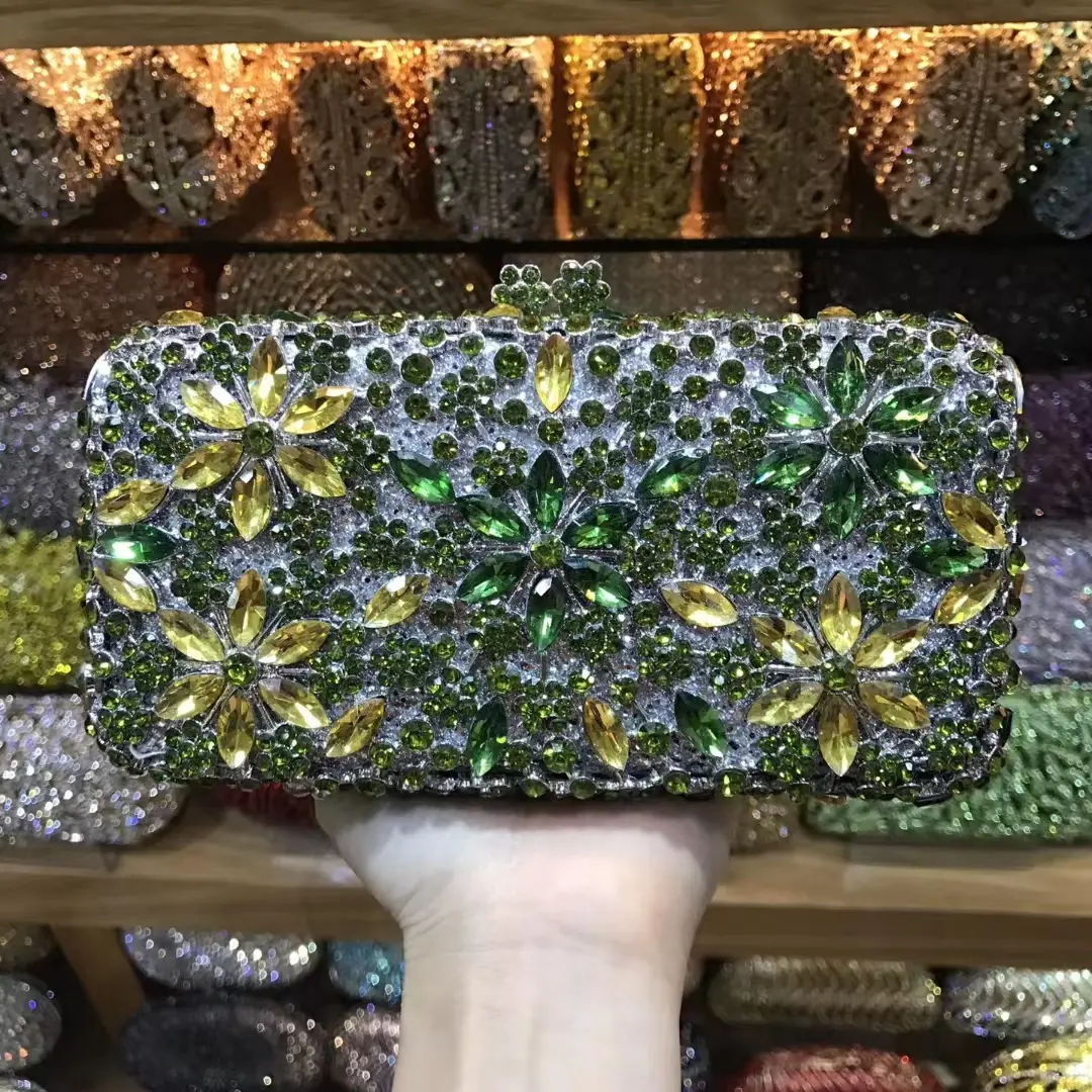 XIYUAN Green/Blue/Purple/Pink Stones Floral Clutch Purse Flower Evening Bag Bridal Minaudiere Wedding Rhinestone Clutches Bags