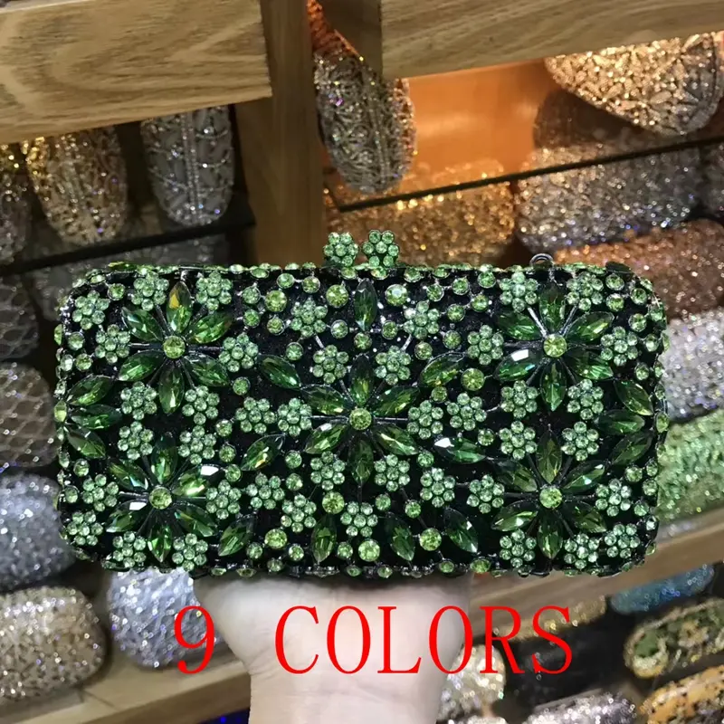 XIYUAN Green/Blue/Purple/Pink Stones Floral Clutch Purse Flower Evening Bag Bridal Minaudiere Wedding Rhinestone Clutches Bags