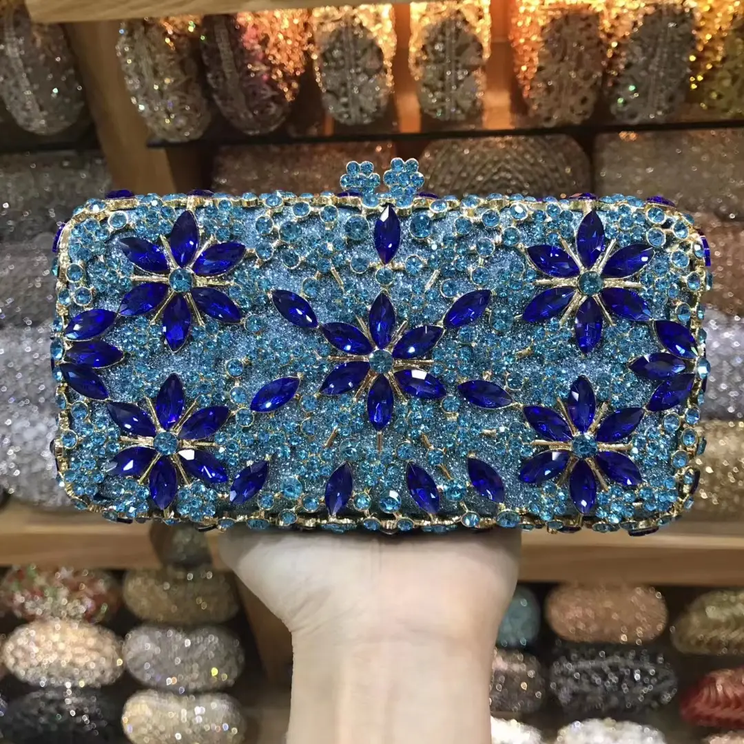 XIYUAN Green/Blue/Purple/Pink Stones Floral Clutch Purse Flower Evening Bag Bridal Minaudiere Wedding Rhinestone Clutches Bags