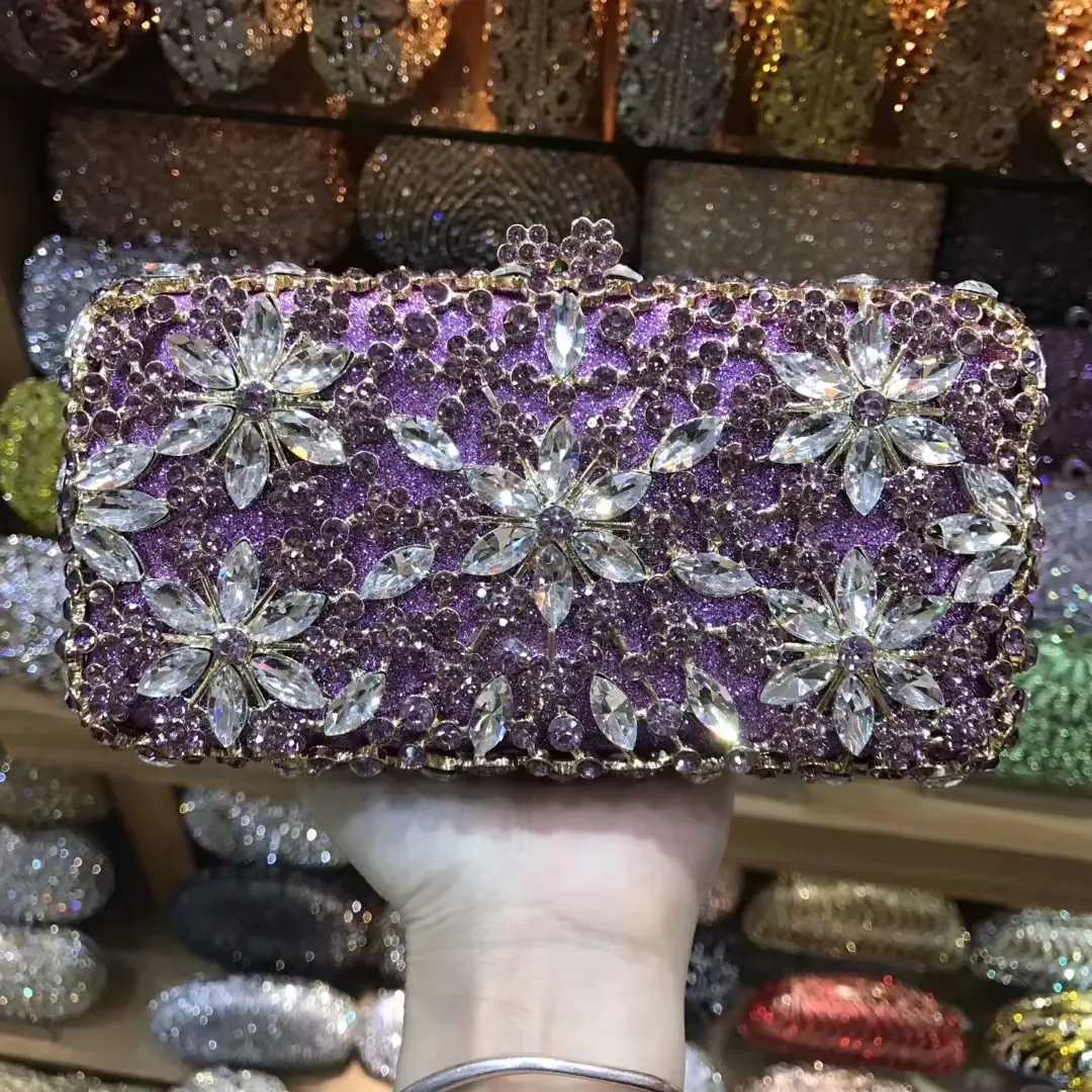 XIYUAN Green/Blue/Purple/Pink Stones Floral Clutch Purse Flower Evening Bag Bridal Minaudiere Wedding Rhinestone Clutches Bags