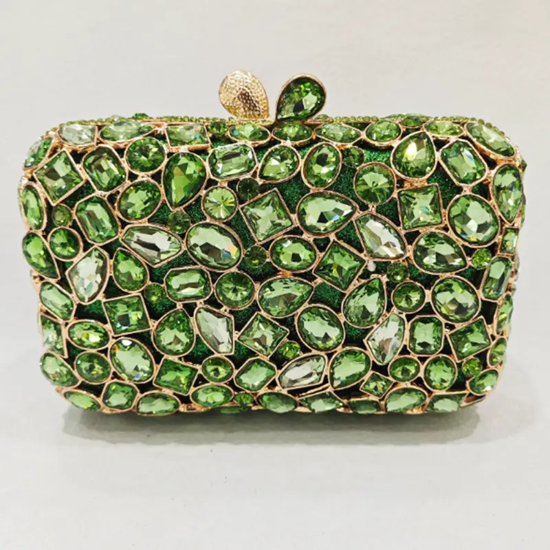 Lady Light Green/Coffee/Gold/Silver Crystals Clutch Bags Women Evening Bags Wedding Bridal Handbags Party Dinner Rhinestone Bags