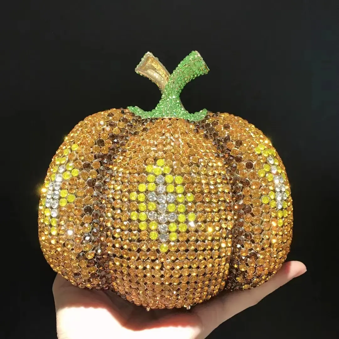 XIYUAN Pumpkin Diamond Evening Bags Golden Rhinestones Metal Minaudiere Purse and Handbags Bridal Wedding Crystal Clutches Bags
