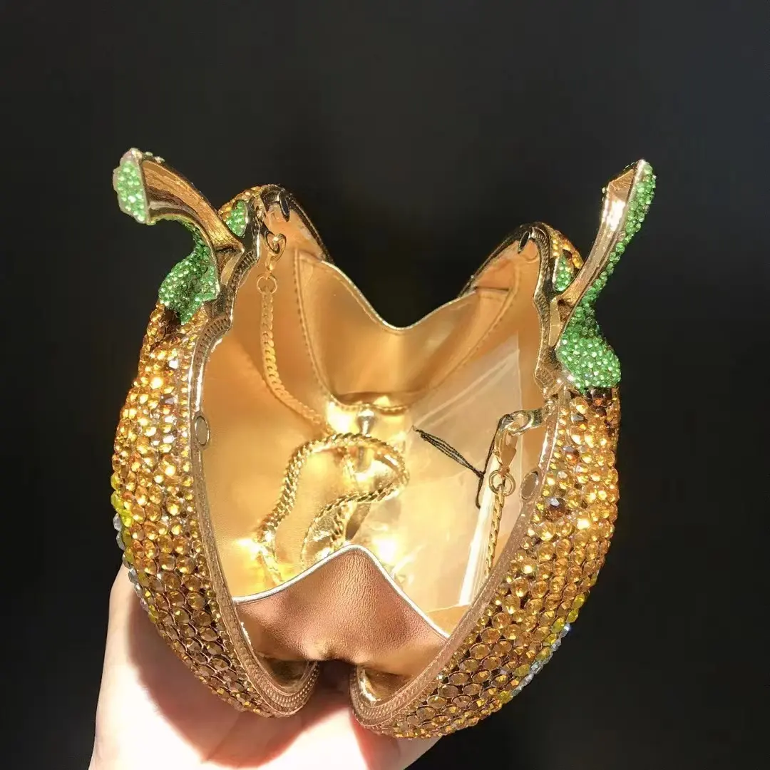 XIYUAN Pumpkin Diamond Evening Bags Golden Rhinestones Metal Minaudiere Purse and Handbags Bridal Wedding Crystal Clutches Bags