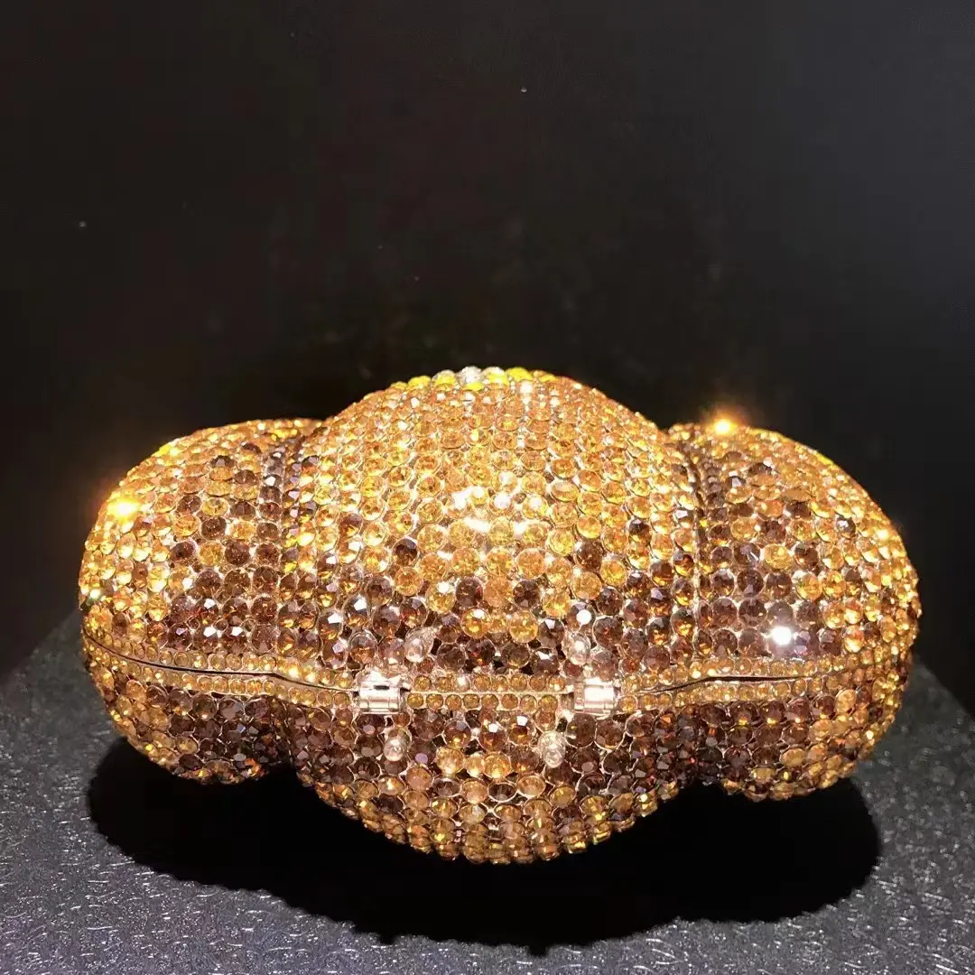 XIYUAN Pumpkin Diamond Evening Bags Golden Rhinestones Metal Minaudiere Purse and Handbags Bridal Wedding Crystal Clutches Bags