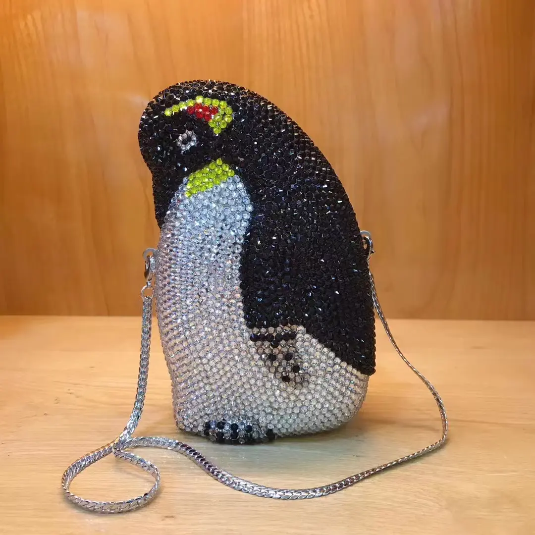 6 COLORS Full Diamond Lady Penguin Party Purse For Wedding Bridal Crystal Clutch Bag Luxury Women Rhinestone Mini Minaudiere Bag