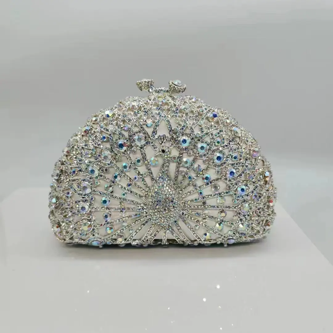 Lady Silver White Stones Clutch Purse Women Rhinestones Evening Purses Wedding Handbags Crystal Chain Shoulder Bags Day Clutches
