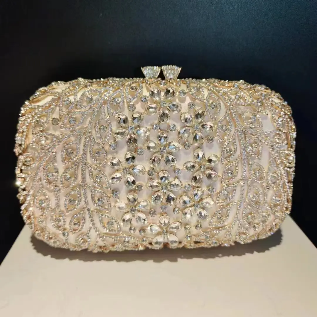 Lady Silver White Stones Clutch Purse Women Rhinestones Evening Purses Wedding Handbags Crystal Chain Shoulder Bags Day Clutches