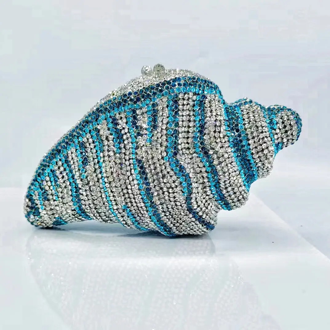 Lady Conch Blue/Gold Crystals Clutch Purse Female Evening Bag Wedding Diamond Purse Bridal Handbag Party Rhinestone Minaudiere