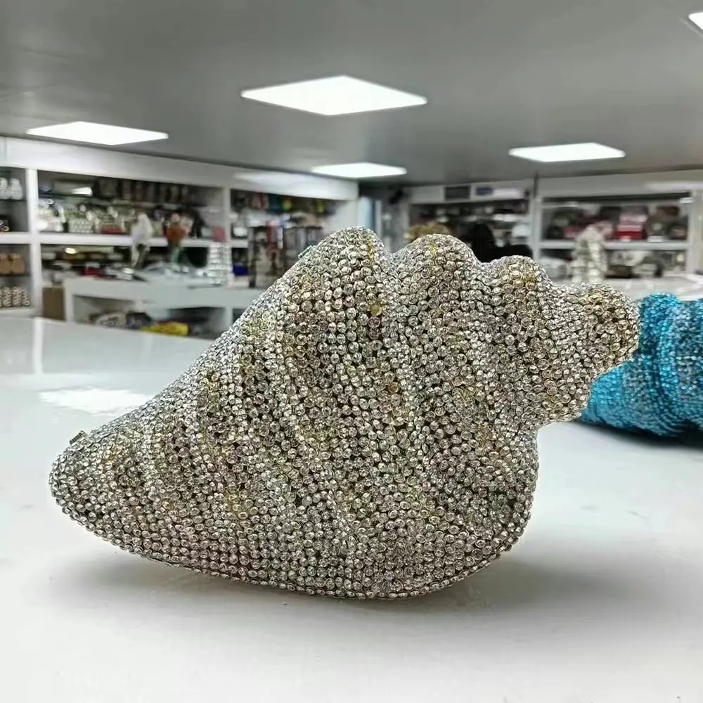 Lady Conch Blue/Gold Crystals Clutch Purse Female Evening Bag Wedding Diamond Purse Bridal Handbag Party Rhinestone Minaudiere