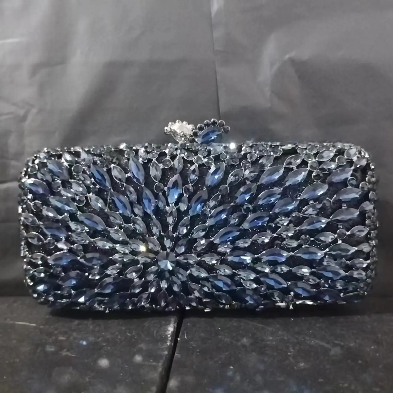 Women Navy Blue Stone Clutch Bags Lady Diamond Evening Bags Metal Minaudiere Rhinestones Handbags Wedding Purses Party Clutches