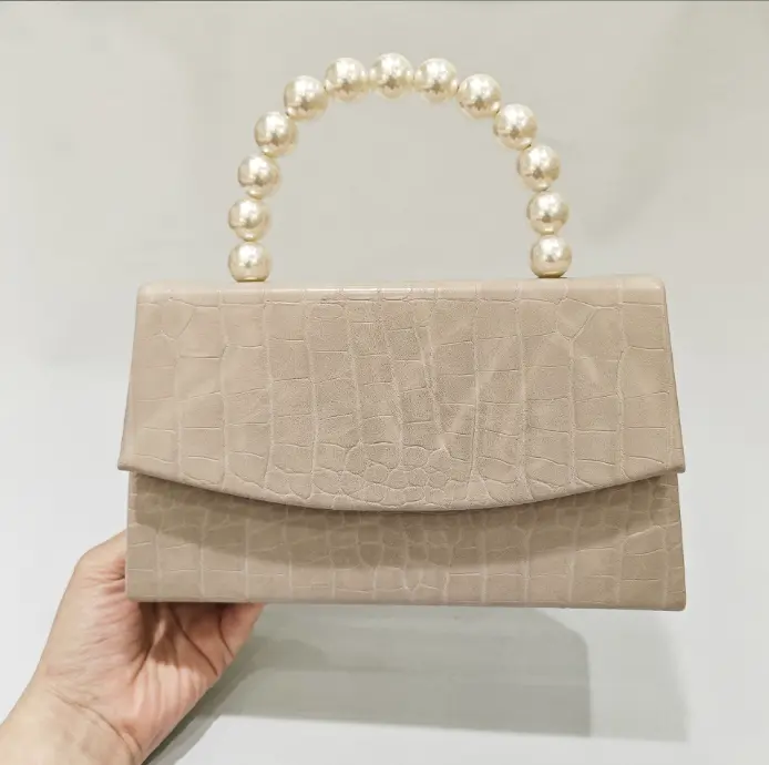 Lady Blak/Red/Yellow Leather Top Handle Handbags Women Pearl Bead Shoulder Bags Female Handbag Woman Evening Bags For Party Tote