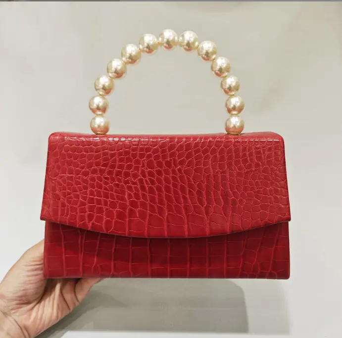 Lady Blak/Red/Yellow Leather Top Handle Handbags Women Pearl Bead Shoulder Bags Female Handbag Woman Evening Bags For Party Tote