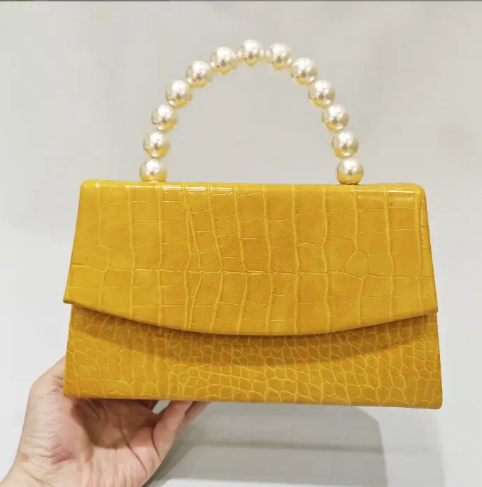 Lady Blak/Red/Yellow Leather Top Handle Handbags Women Pearl Bead Shoulder Bags Female Handbag Woman Evening Bags For Party Tote