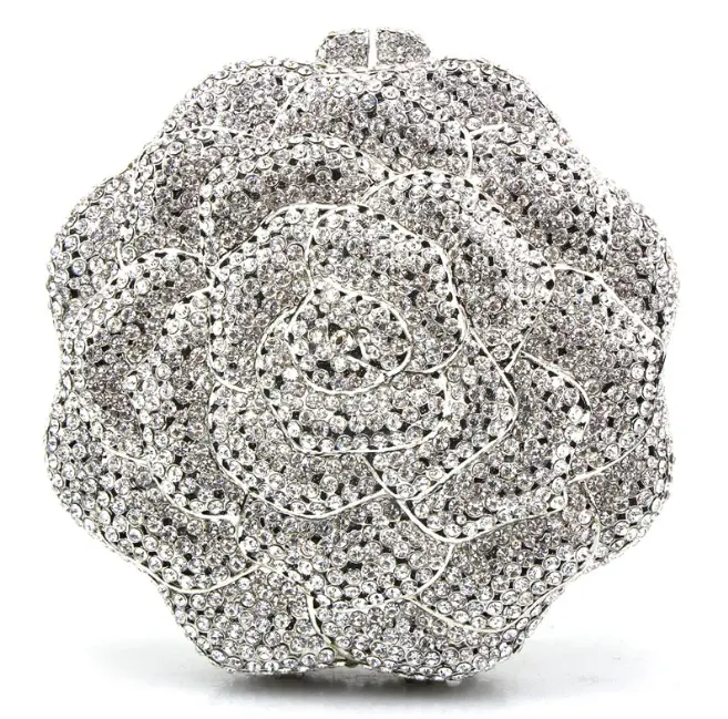 Lady Pink Rose Flower Shaped Crystal Evening Clutch bag Diamond Wedding Purses Handmade Evening bags Bridal purse Gems Handbags