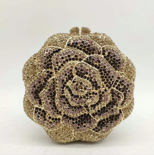 Lady Pink Rose Flower Shaped Crystal Evening Clutch bag Diamond Wedding Purses Handmade Evening bags Bridal purse Gems Handbags