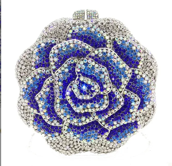 Lady Pink Rose Flower Shaped Crystal Evening Clutch bag Diamond Wedding Purses Handmade Evening bags Bridal purse Gems Handbags