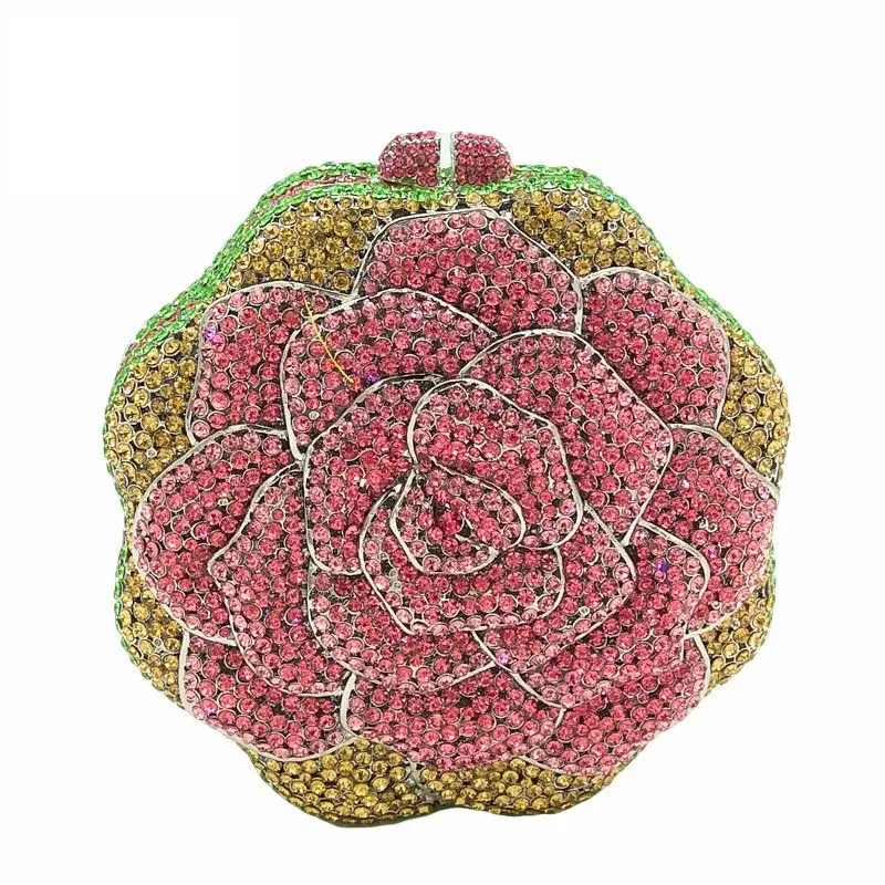 Lady Pink Rose Flower Shaped Crystal Evening Clutch bag Diamond Wedding Purses Handmade Evening bags Bridal purse Gems Handbags