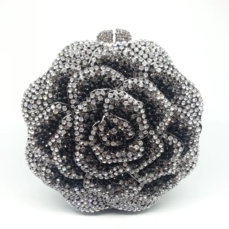 Lady Pink Rose Flower Shaped Crystal Evening Clutch bag Diamond Wedding Purses Handmade Evening bags Bridal purse Gems Handbags