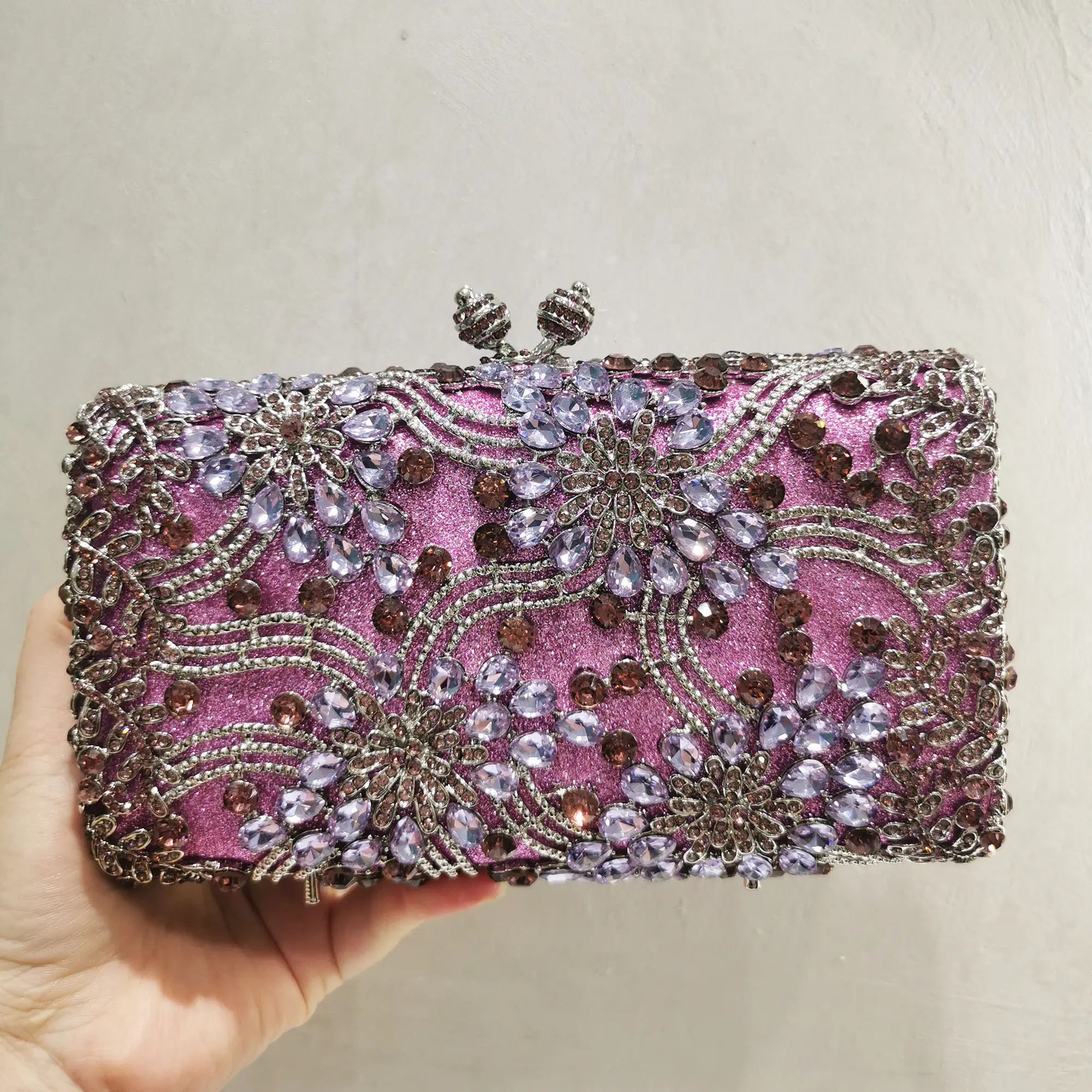 XIYUAN Women Purple Orange Stones Clutch Purse Lady Evening Minaudiere Bags Wedding Party Bridal Rhinestone Handbags Floral Bags