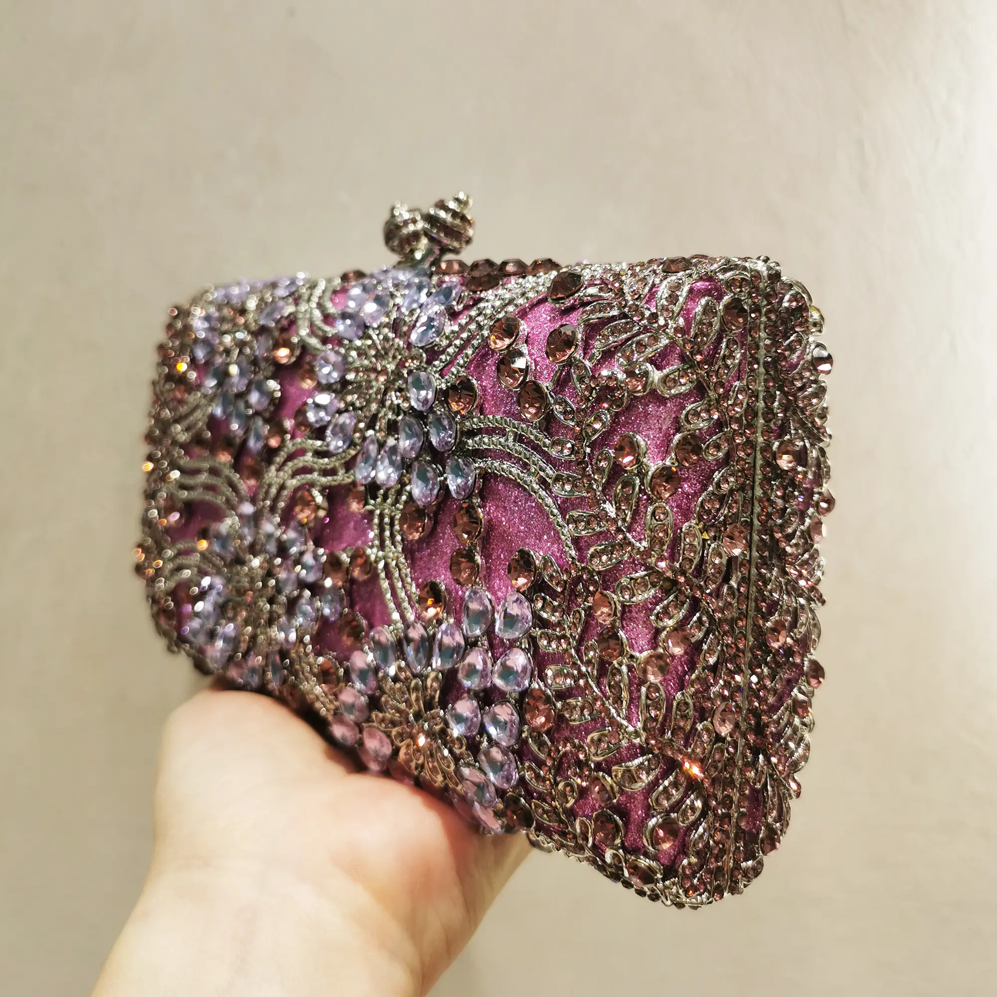 XIYUAN Women Purple Orange Stones Clutch Purse Lady Evening Minaudiere Bags Wedding Party Bridal Rhinestone Handbags Floral Bags