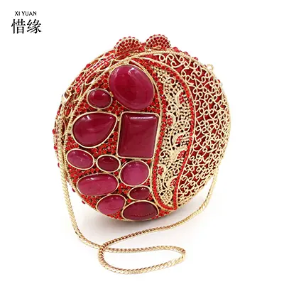 XIYUAN Red Stones Women Crystal Clutch Bag Lady Evening Bags Party Cocktail Rhinestone Clutches Bags Handbags Wedding Purses