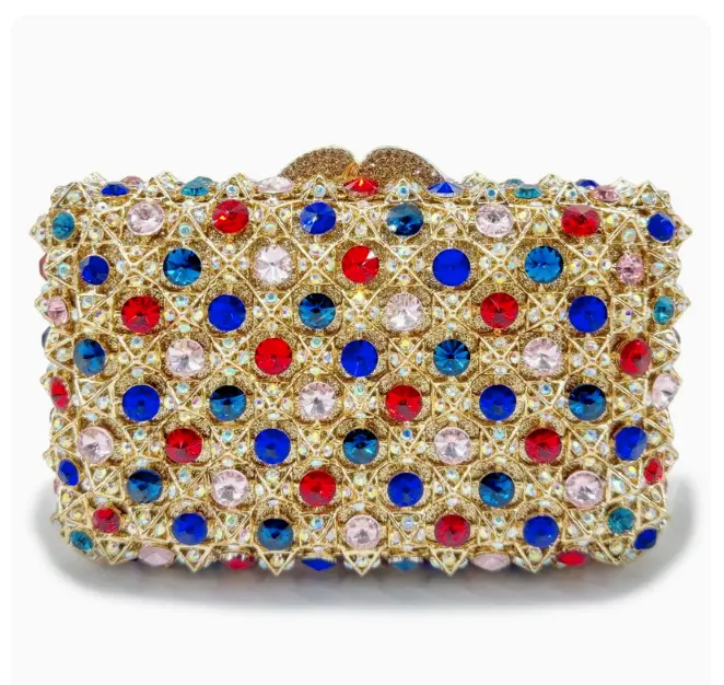 New Woman Bling Gems Evening Clutch Bags Lady Gold/Purple/Blue Diamonds Party Handbag Wedding Bag Bridal Handbags Crystals Purse