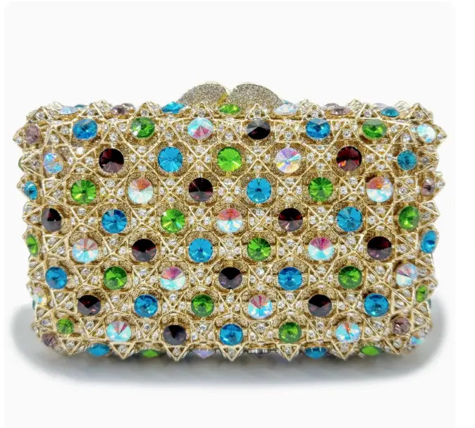 New Woman Bling Gems Evening Clutch Bags Lady Gold/Purple/Blue Diamonds Party Handbag Wedding Bag Bridal Handbags Crystals Purse