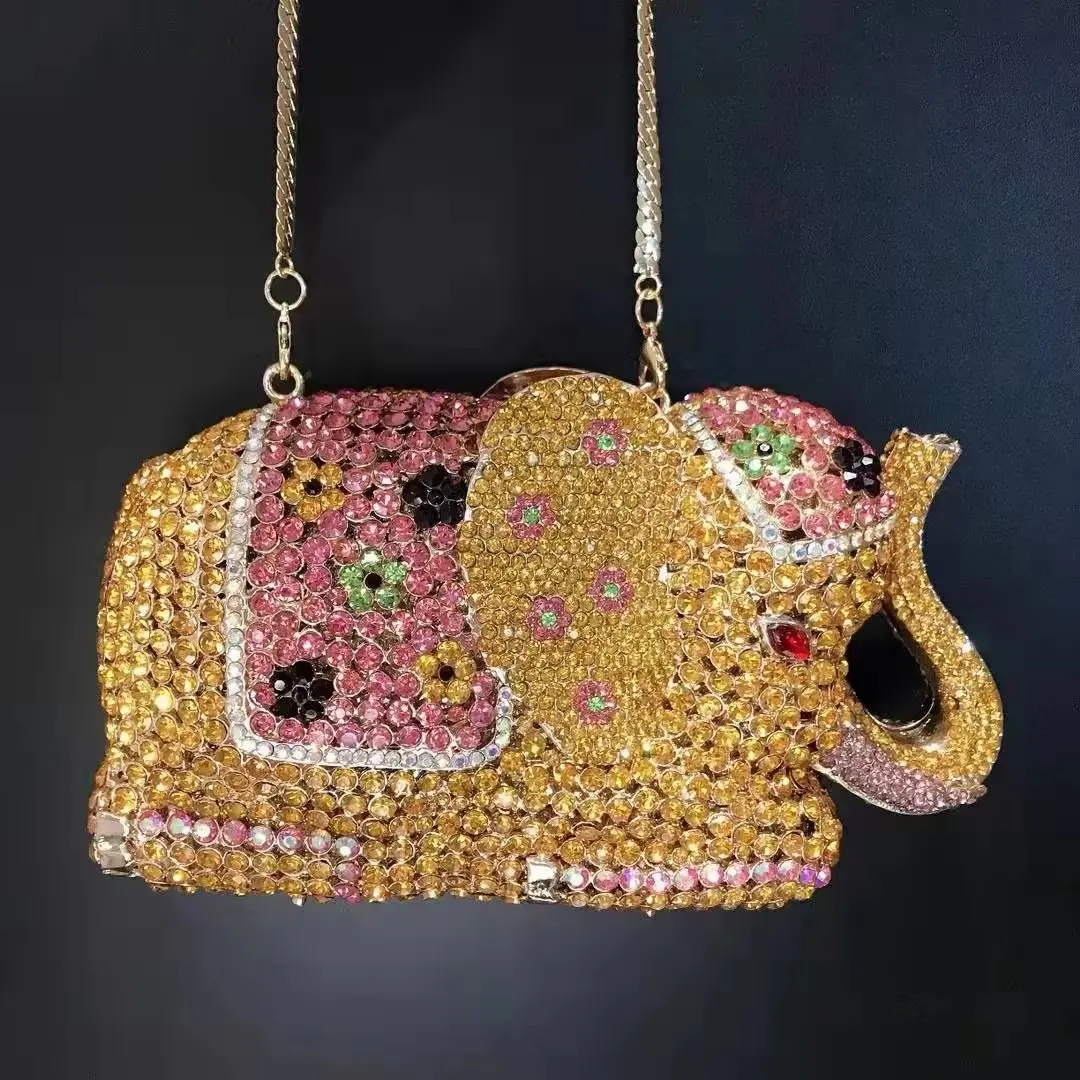 XIYUAN Women Elephant Clultch Party Cocktail Purses Gold Crystals Makeup Handbags Luxury Designer Bridal Rhinestone Evening Bags