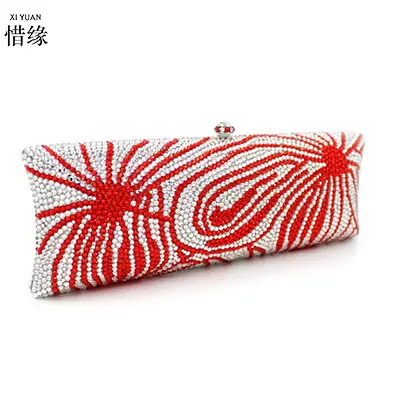 XIYUAN Red Full Stones Minaudiere Rhinestone Clutch Crystal Evening Handbag Women Party Prom Bag Bridal Clutches Wedding Purse