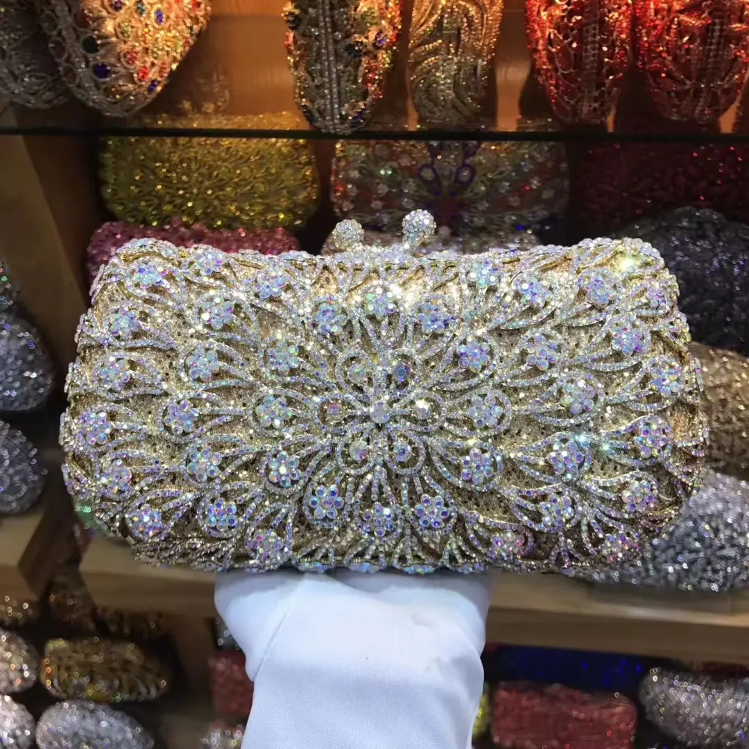 XIYUAN Gold Flower Women Crystal Clutch Purse Lady Stones Evening Bags Hollow Out Wedding Party Chain Handbag and Purse Green