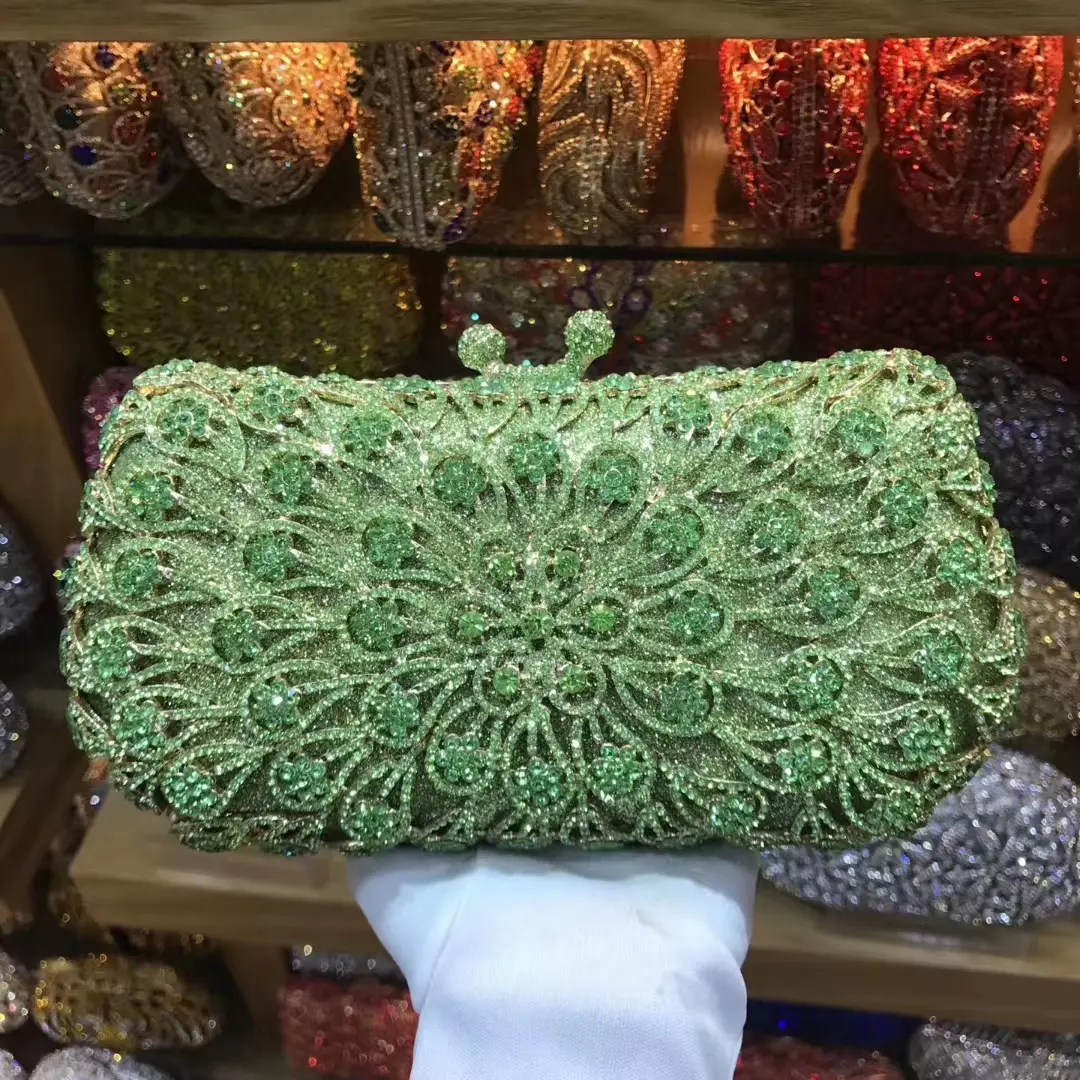 XIYUAN Gold Flower Women Crystal Clutch Purse Lady Stones Evening Bags Hollow Out Wedding Party Chain Handbag and Purse Green