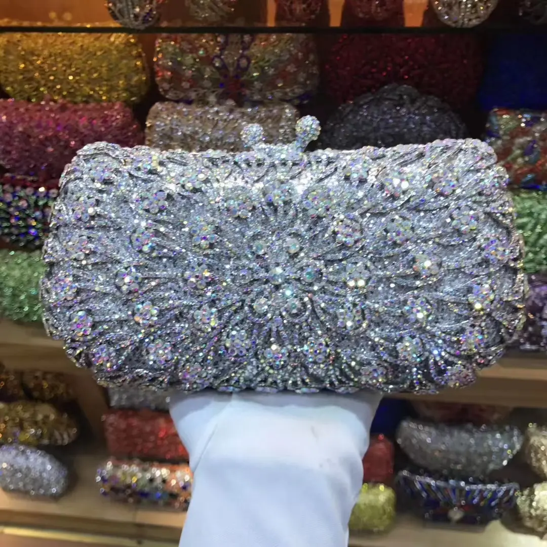 XIYUAN Gold Flower Women Crystal Clutch Purse Lady Stones Evening Bags Hollow Out Wedding Party Chain Handbag and Purse Green